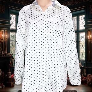 Chaps No Iron Shirt Women White Blue Polka Dot Button Down Long Sleeve Blouse 1X